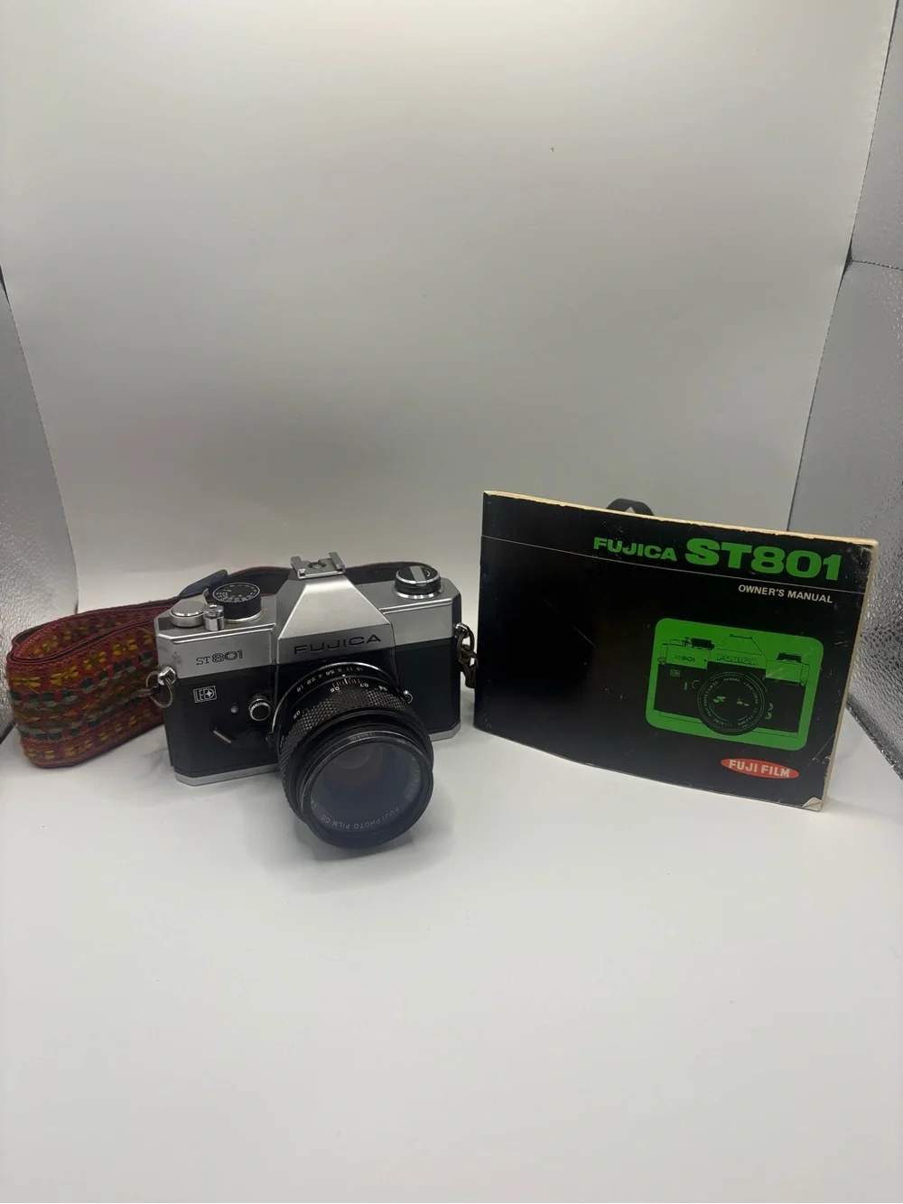 Fujica ST801 Film SLR Camera - Silver & Black with Retro Strap